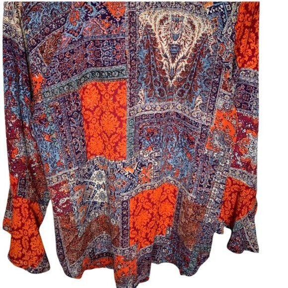 New Directions Boho Patchwork Blouse Large V-Neck Bell Sleeve Fall Top - Picture 9 of 10